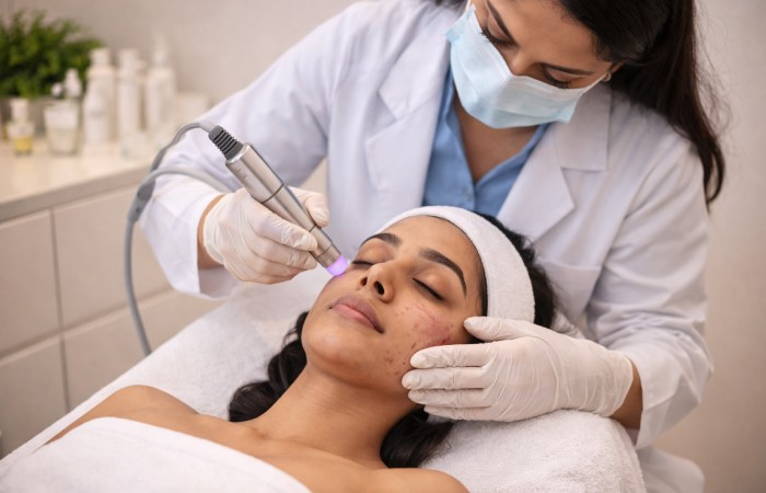 dermatologist performing acne treatment or scar revision procedure