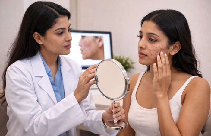 dermatologist consulting patient and analyzing skin condition in clinic