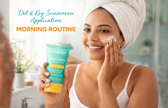 Woman with Indian skin applying Dot and Key sunscreen as last step in morning skincare routine