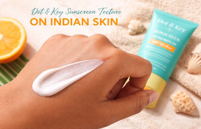 Dot and Key sunscreen lightweight gel texture swatched on Indian skin tone hand