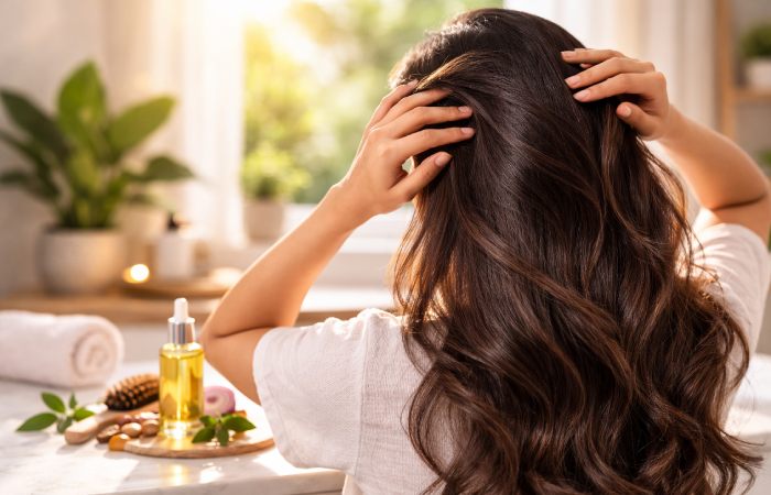 Person with healthy thicker-looking hair in natural lighting