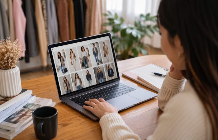 person browsing outfit ideas on laptop for fashion inspiration
