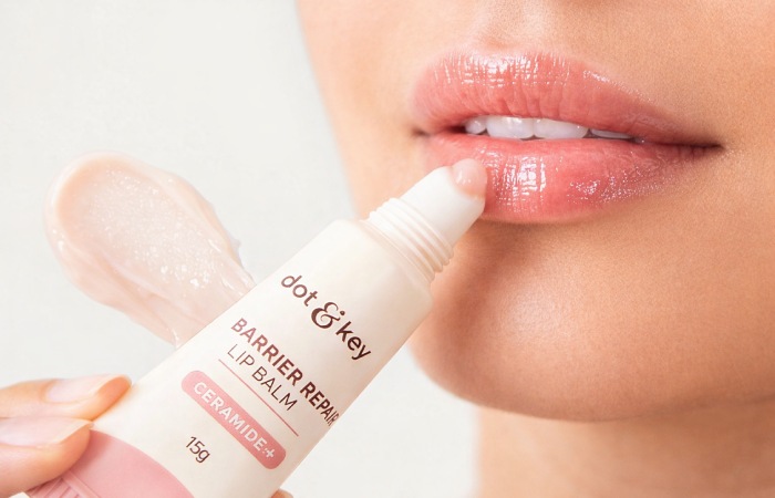 Close-up of hydrating lip balm texture applied on lips