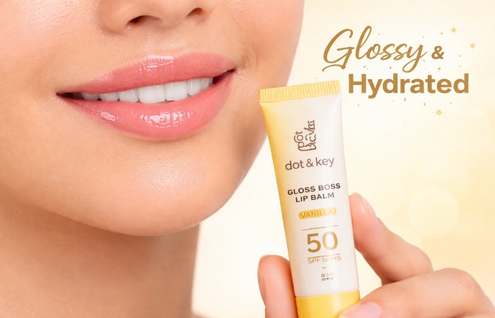 Glossy lips with reflective shine after applying lip balm