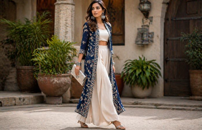 woman wearing indo western fusion outfit combining traditional and modern styles