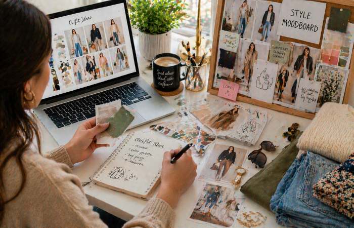 person creating outfit ideas using clothing and accessories on bed