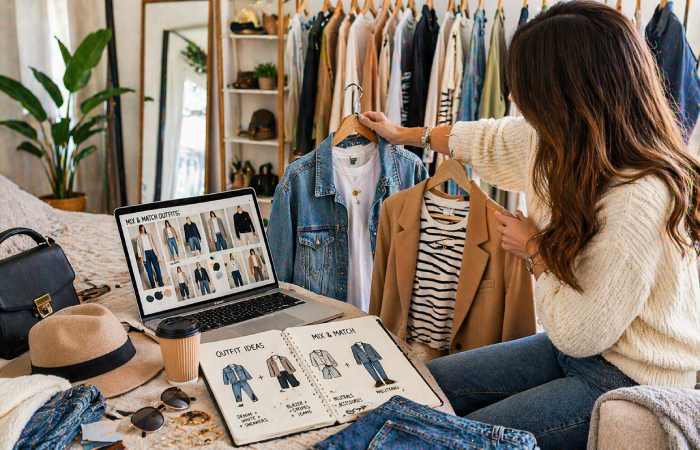 neatly arranged wardrobe with mix and match outfit combinations